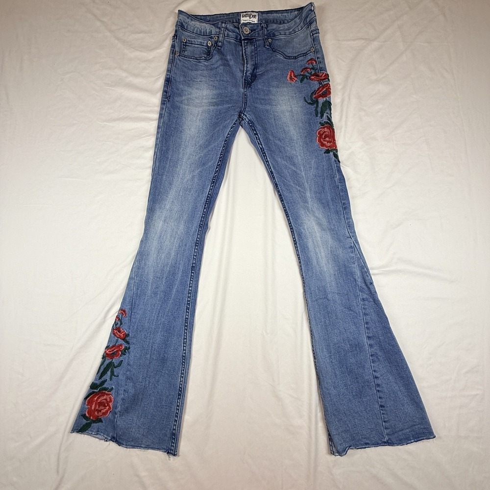 UMGEE FLORAL EMBROIDERED FLARE ROSE DENIM JEANS Raw Hem 27/30
